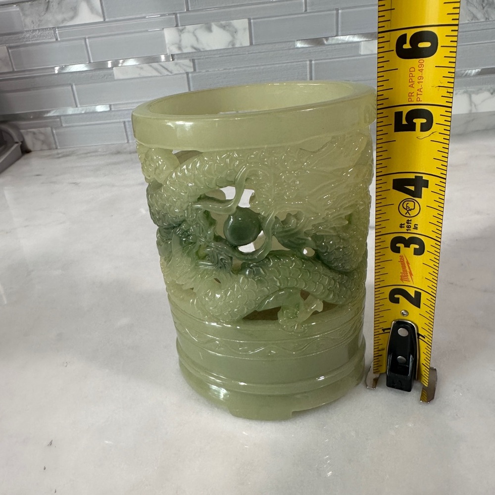 Chinese Carved Imitation Jadeite Candle / Pen Holder – Dragon Motif - Picture 8 of 9